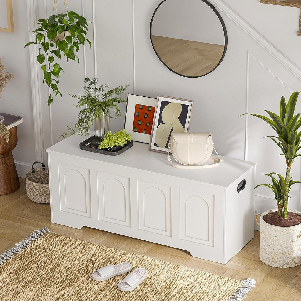 Storage Chest, Wooden Toy Box with Lid, 2 Soft-Close Hinges 47.2" | Entryway Shoe Bench, Finger-safe Flip-Top, Easy