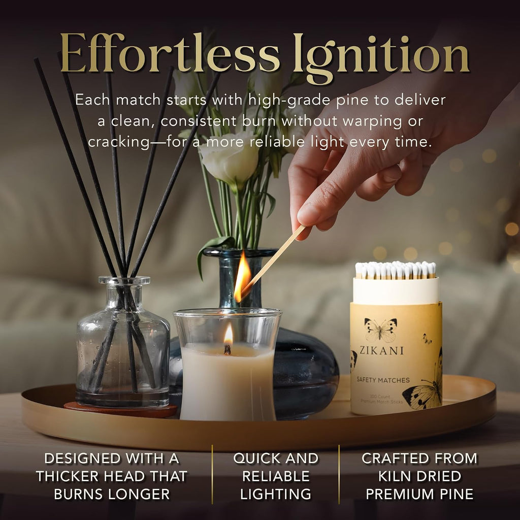 4-Inch Fancy Decorative Matches + Striker Pad () Green Tip Wood Safety Matches for Candles, Bathroom & More - Set of 100