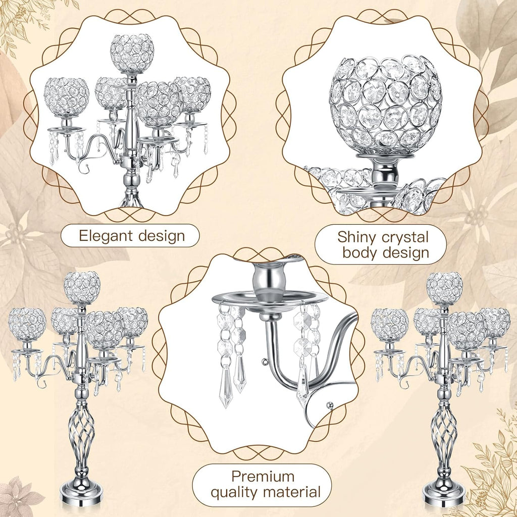 8 Pcs 5 Arm Crystal Candelabra Centerpieces for Table 27 Inch Retro Victorian Crystal Candle Holders Bowl Table