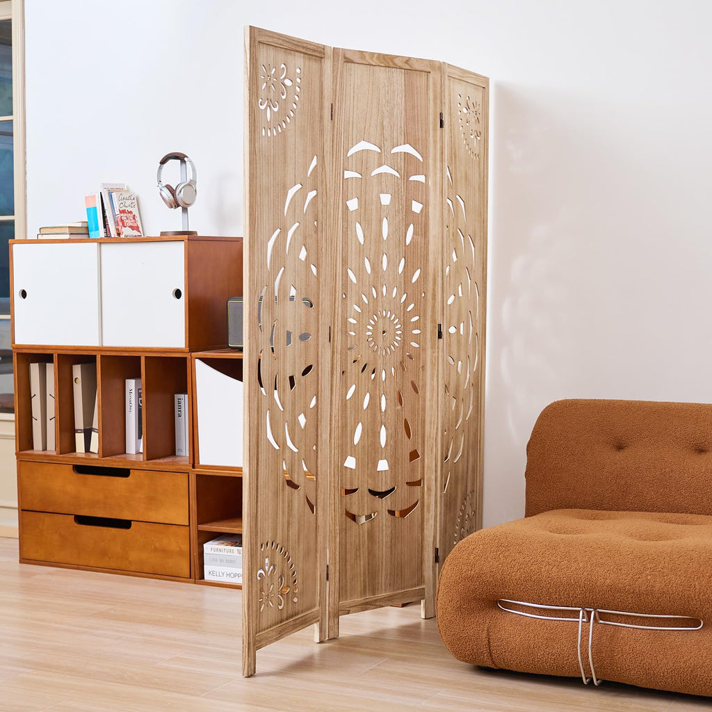 66.9Inch Wooden Room Partition - 3 Panels Boho-Styled Space Room Divider /Office, Headboard & Yoga/Photo/Video Call