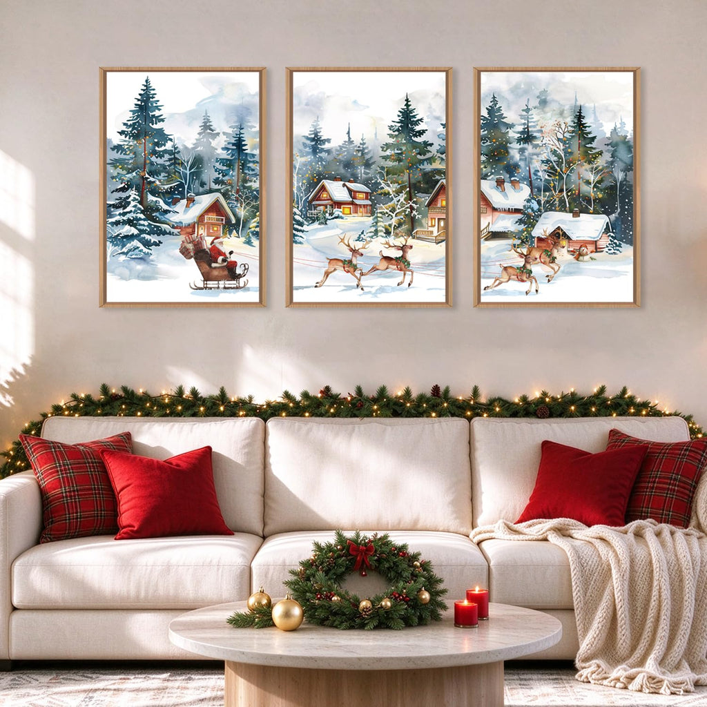 Christmas Santa Sleigh Deer Framed Canvas Wall Art Set -24"x36"x3