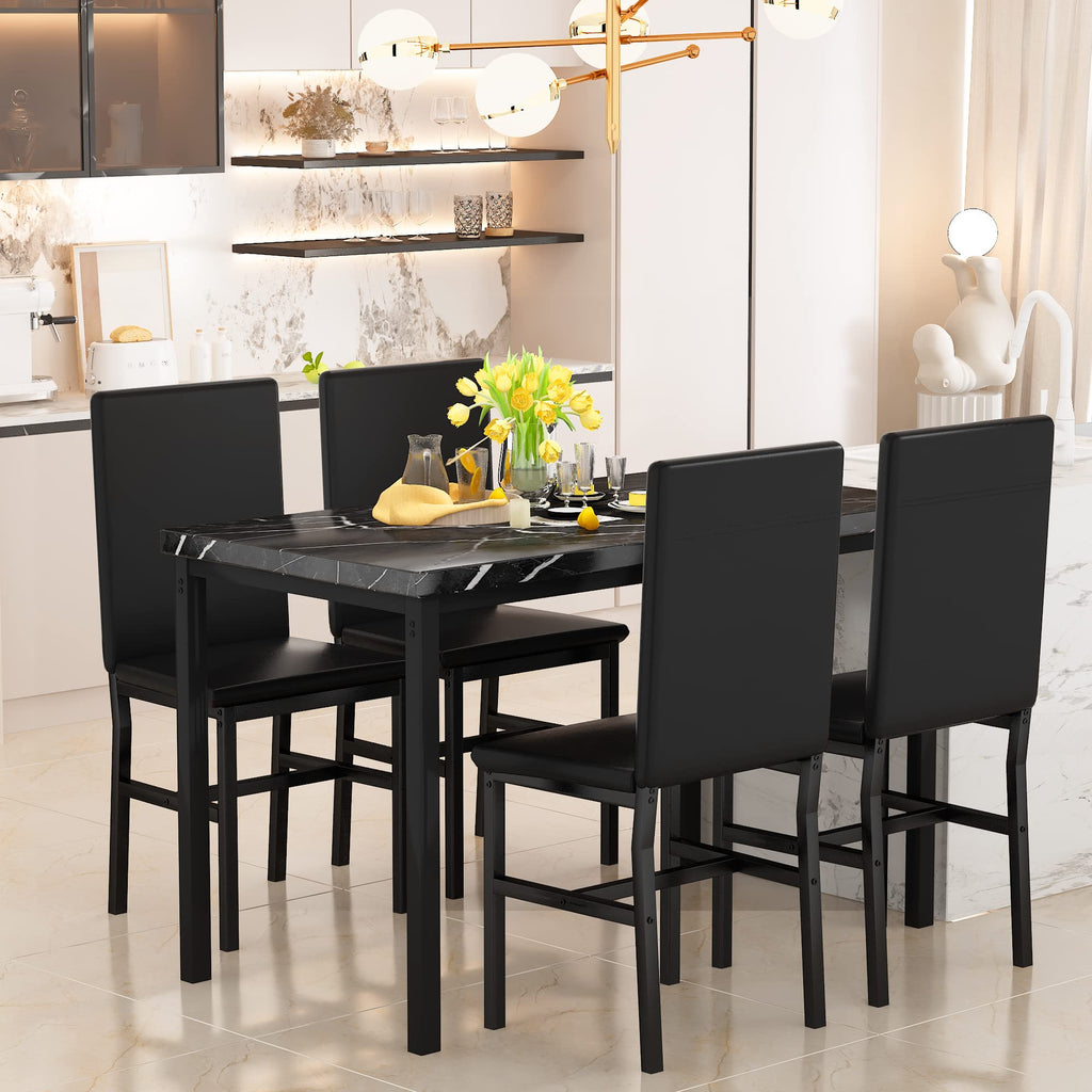 Dining Table Set for 4, Kitchen Table and Chairs Set with Faux Marble Tabletop & 4 Leather Upholstered Chairs Dining