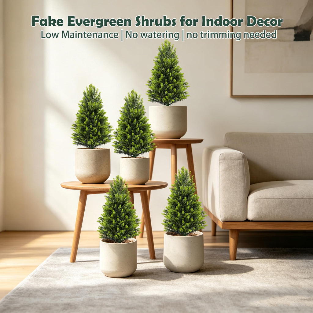 4Pack Artificial Cedar Topiary Trees Outdoor with Spike, 20" UV Resistant Fake Shrubs Bushes with Stake, Outdoor Faux