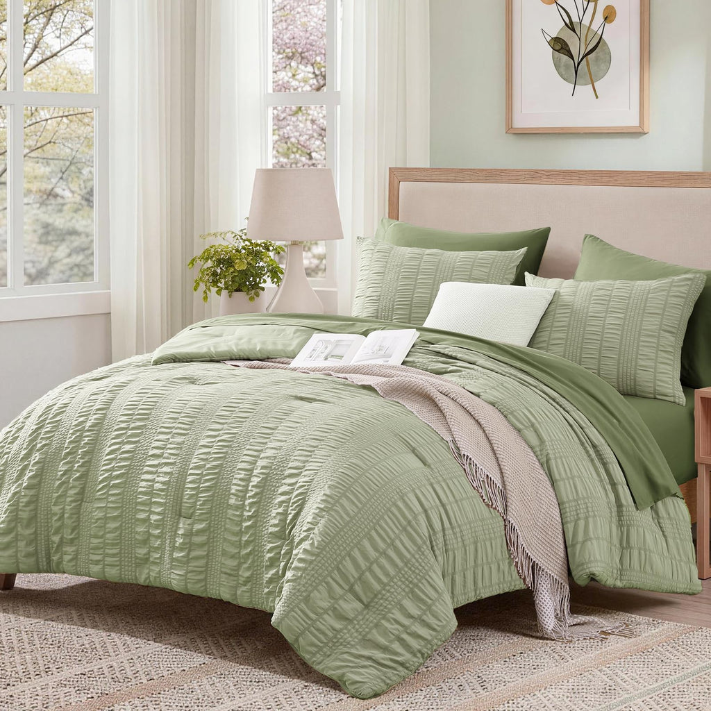 Full Size Comforter Set, 7 Pieces Sage Green Seersucker Bed in a Bag Full Size Soft All Seasons, Bedding Sets Full