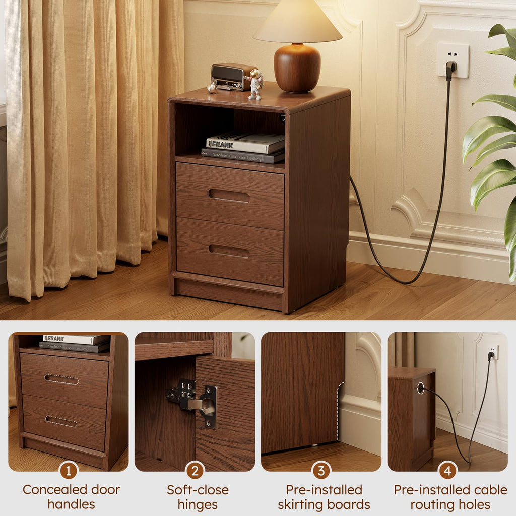 Rubberwood Nightstand, Modern Walnut Bedside Table with Removable Shelf, Open and Concealed Storage, Wooden Night