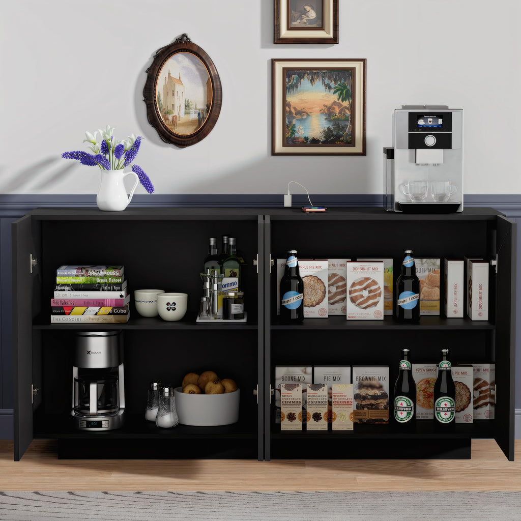 Buffet Cabinet Mirror with Storage Black Sideboard with Storage Coffee Bar with Lights & Charging Station Kitchen LED