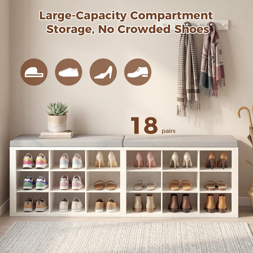Shoe Rack Bench, Shoe Storage Bench with Cushion, Shoe Organizer 18 Cubbies Hallway Bedroom Living Room, Holds Up to