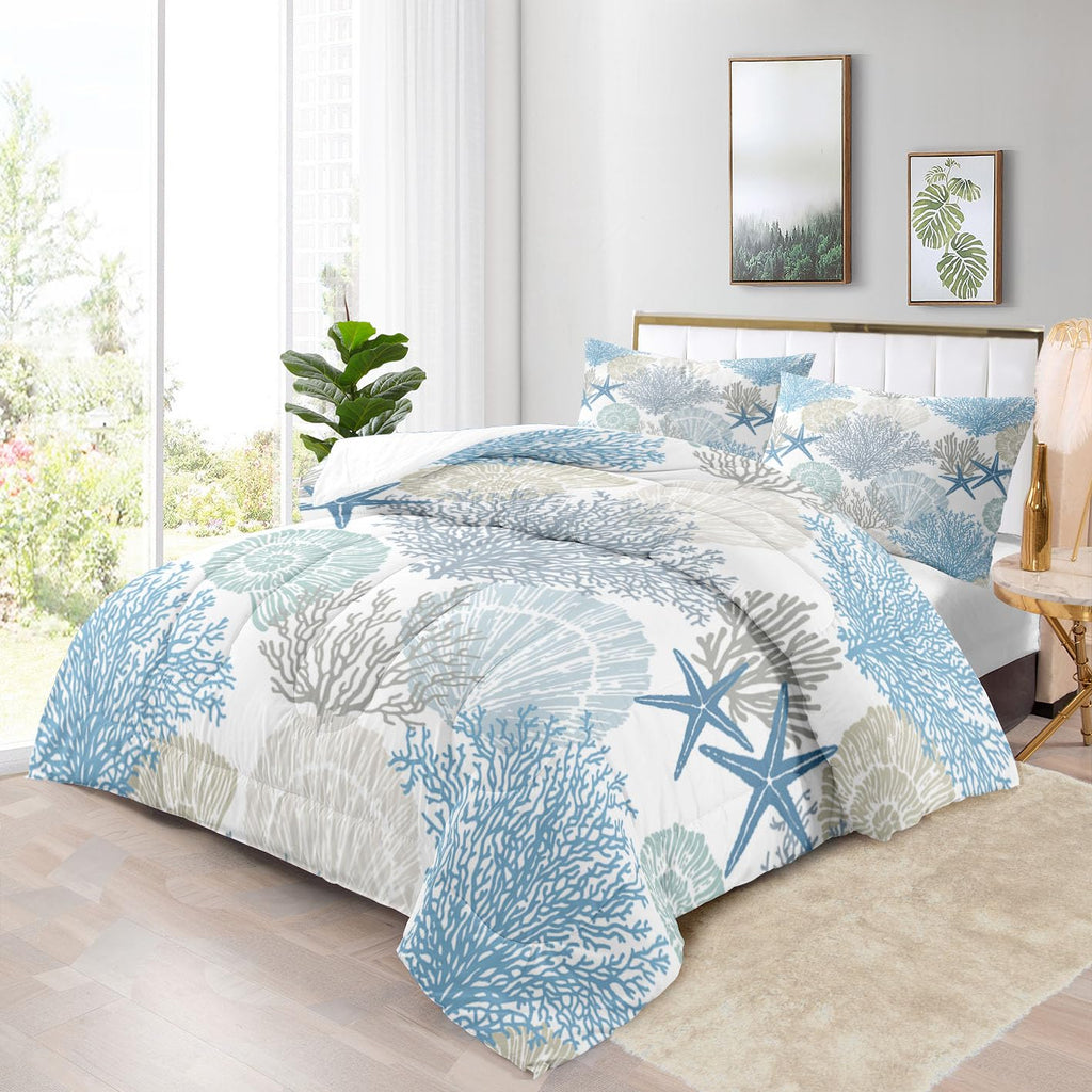 Summer Coastal Comforter Set Beach Blue Shells Quilt Bedding Set