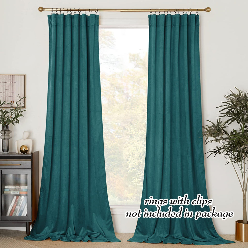 Teal Velvet Curtains 108 inches Long 52 Wide, Classic Heat & Light Reducing Home Theater Rod Pocket Green Drapes for