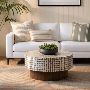 Mila White Round Coffee Table, Boho Coastal Pedestal