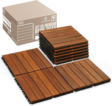 Interlocking Deck Tiles 12”x12”, Acacia Wood Patio Tiles, Waterproof Flooring Tiles for Indoor and Outdoor - Non-Slip
