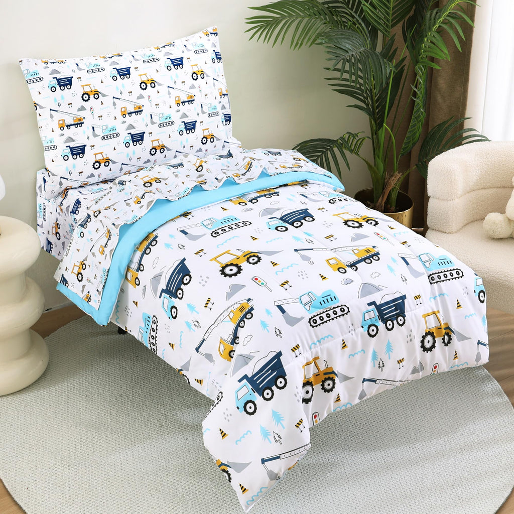 Cars Toddler Bedding Set, 4-Piece Bed-in-a-Bag Comforter Set for Boys, Construction Truck Bedding, Machine Washable