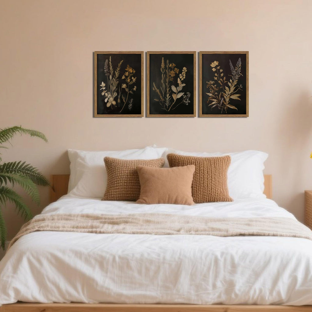 Framed Dark Botanical Wall Art Set of 3, Black Moody Floral Wall Decor Paintings, Dark Academia Decor, Vintage Flower