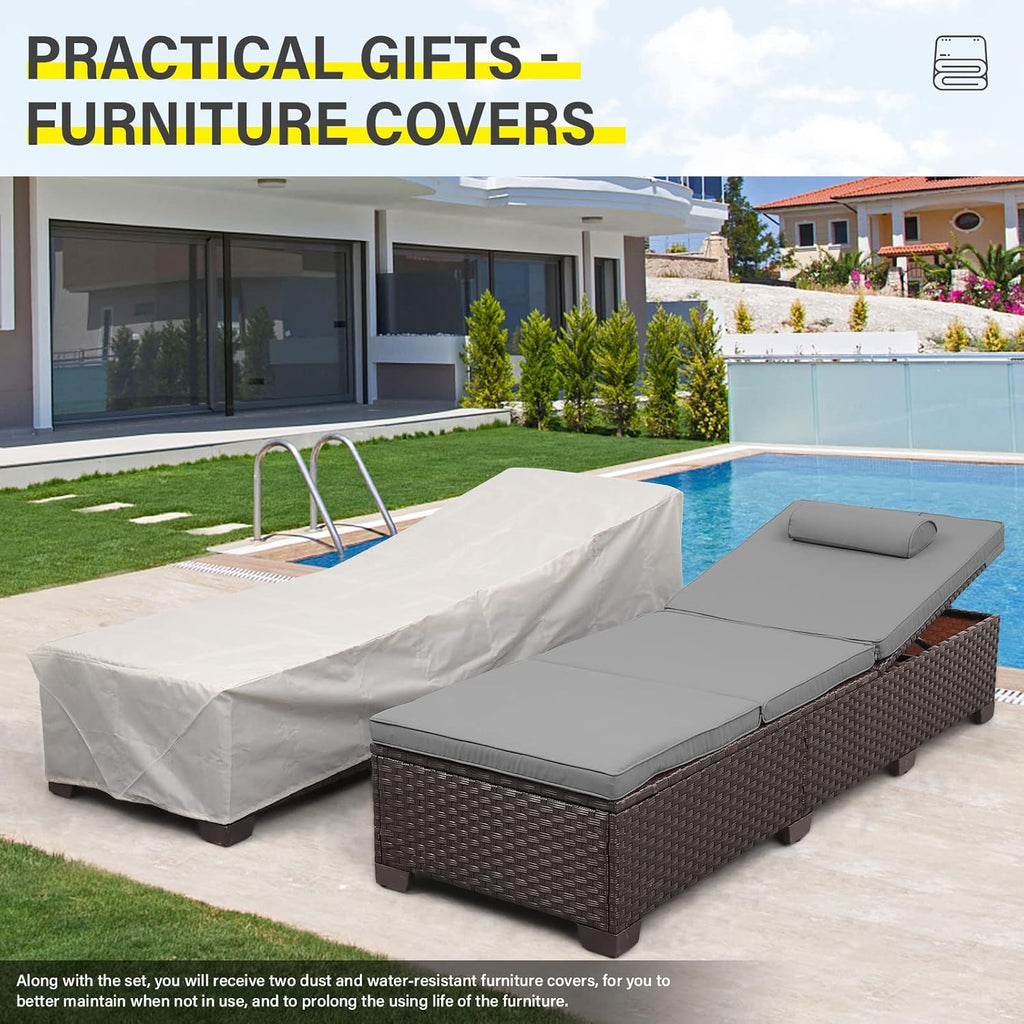 Outdoor Chaise Lounge Set Patio Lounge Chairs Outside Pool Lounger Furniture Set of 2 Brown Wicker Recliners with