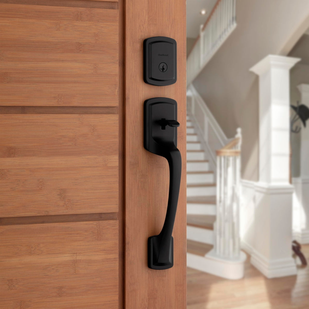 Prague Front Door Lock Handle and Deadbolt Set, Entry Handleset Exterior with Round Pismo Interior Door Knob, Matte