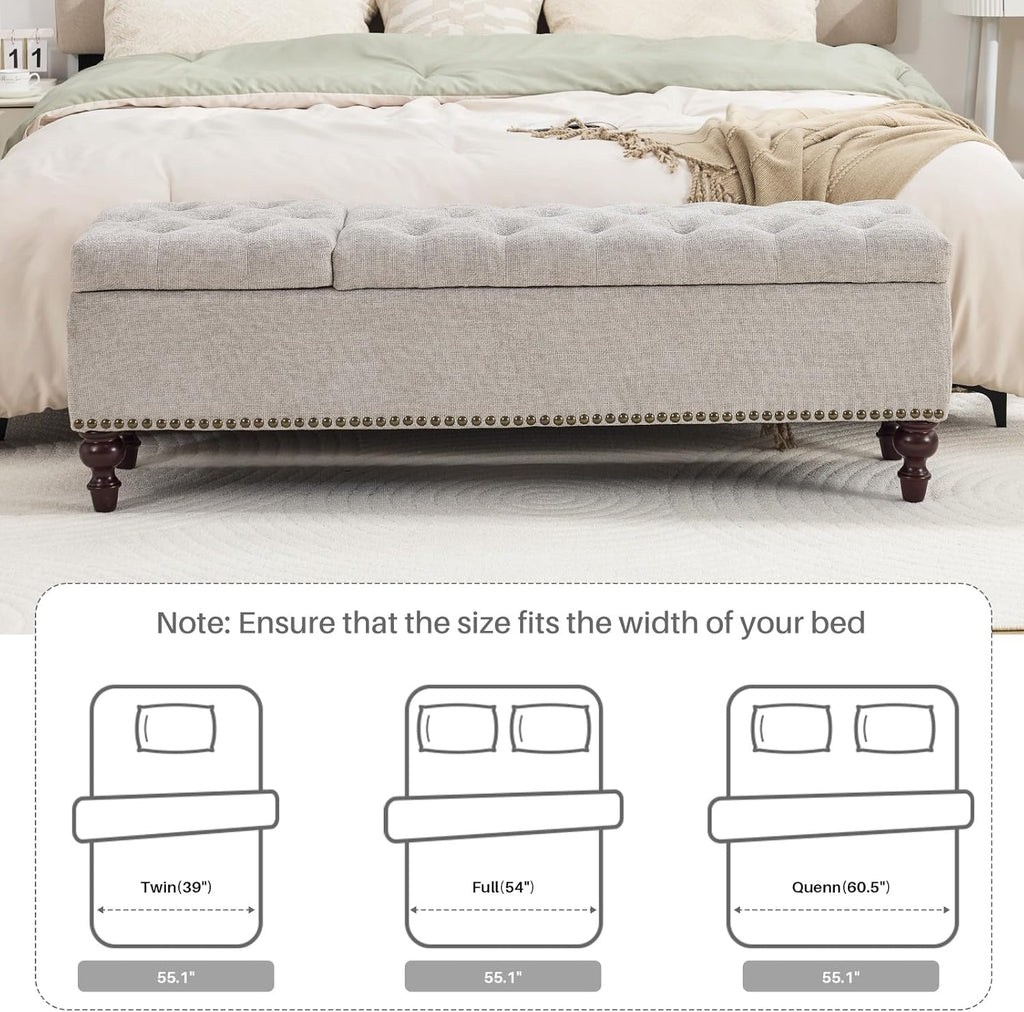 55" Storage Ottoman Bench, Tufted End of Bed Bench, Light Gray | 55" Tufted Storage Bench with 2 Compartments
