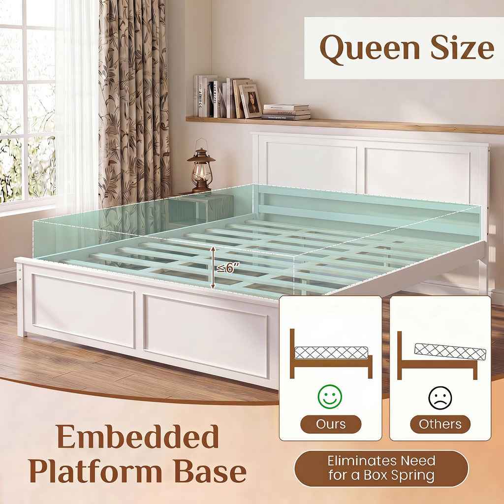 Queen Bed Frame, Farmhouse Wooden Platform Bed with Headboard