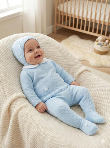 Boy Knitted Outfit Piece Sweater, Footed Pants and Hat Set Newborn Infant Long Sleeve - Made in Spain