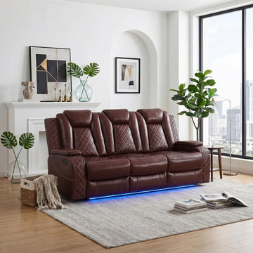 Power Recliner Sofa with LED Lights, Leather Power Reclining Sofa, Living Room 3-Seater Couch with with USB Power