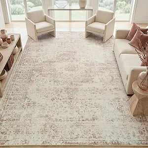 Washable Area Rug 9x12, Non-Slip Backing, Distressed Beige