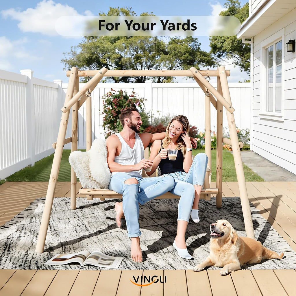 880 LBS Wooden Porch Swing with A-Frame Stand, Natural Outdoor Swing | Heavy-Duty Wooden Swing; Sturdy A-Frame Stand;