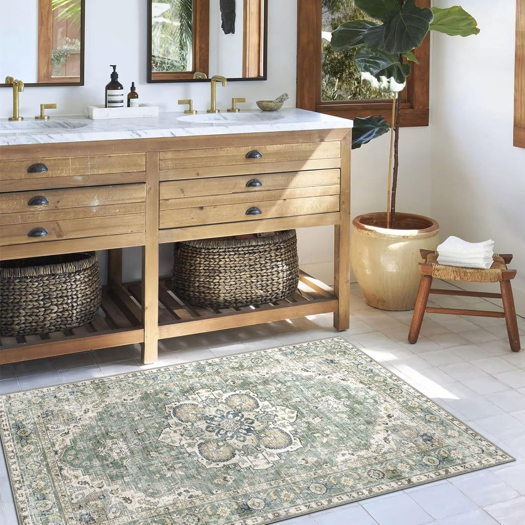3x5 Washable Area Rug - Small Entryway Rug Non-Slip Sage Green Vintage Oriental Kitchen Rugs Low Pil