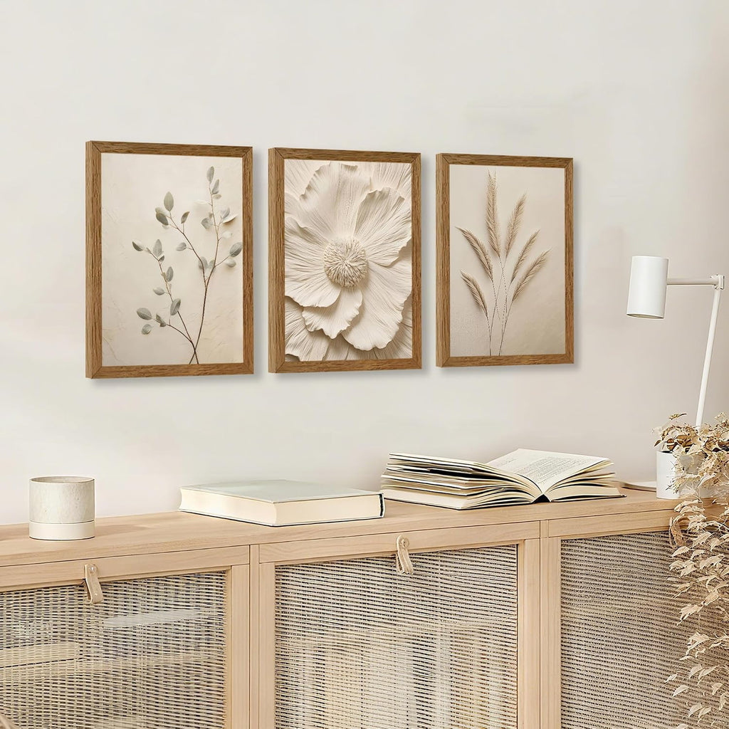 3 Piece Framed Neutral Beige Floral Canvas Wall Art, Modern Simple Texture Blossom Wall Decor, Vintage Botanical