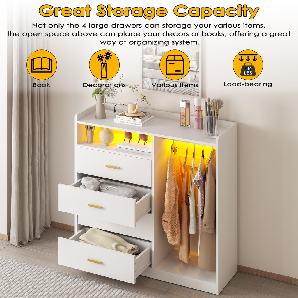 Dresser with Clothes Rack Wood, 4 Drawer Dresser White with LED Lights and Power Outlet, 15.7" D x 43.3" W x 45.7" H