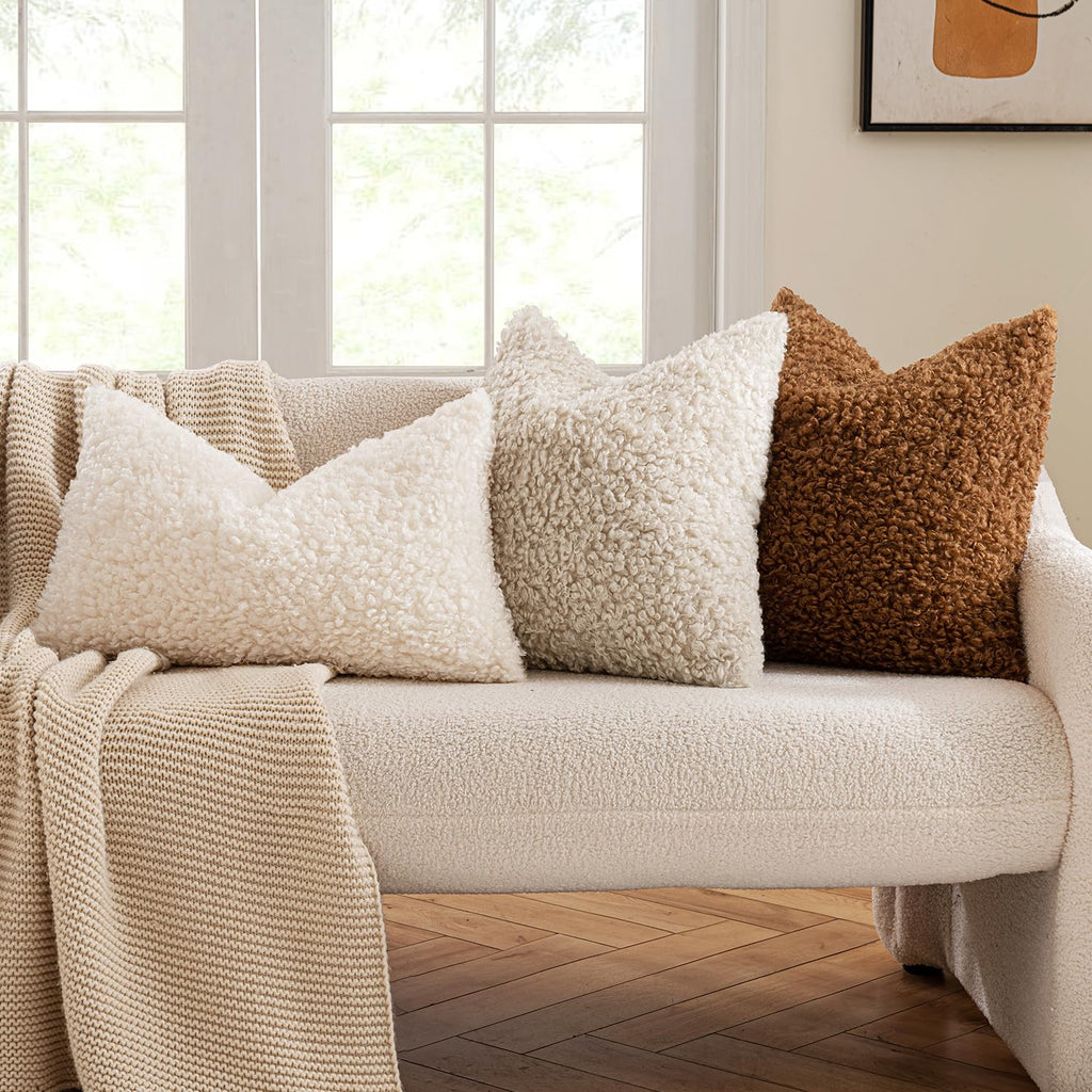 Decorative Faux Fur Pillow Covers Euro Sherpa 22x22 Neutral White
