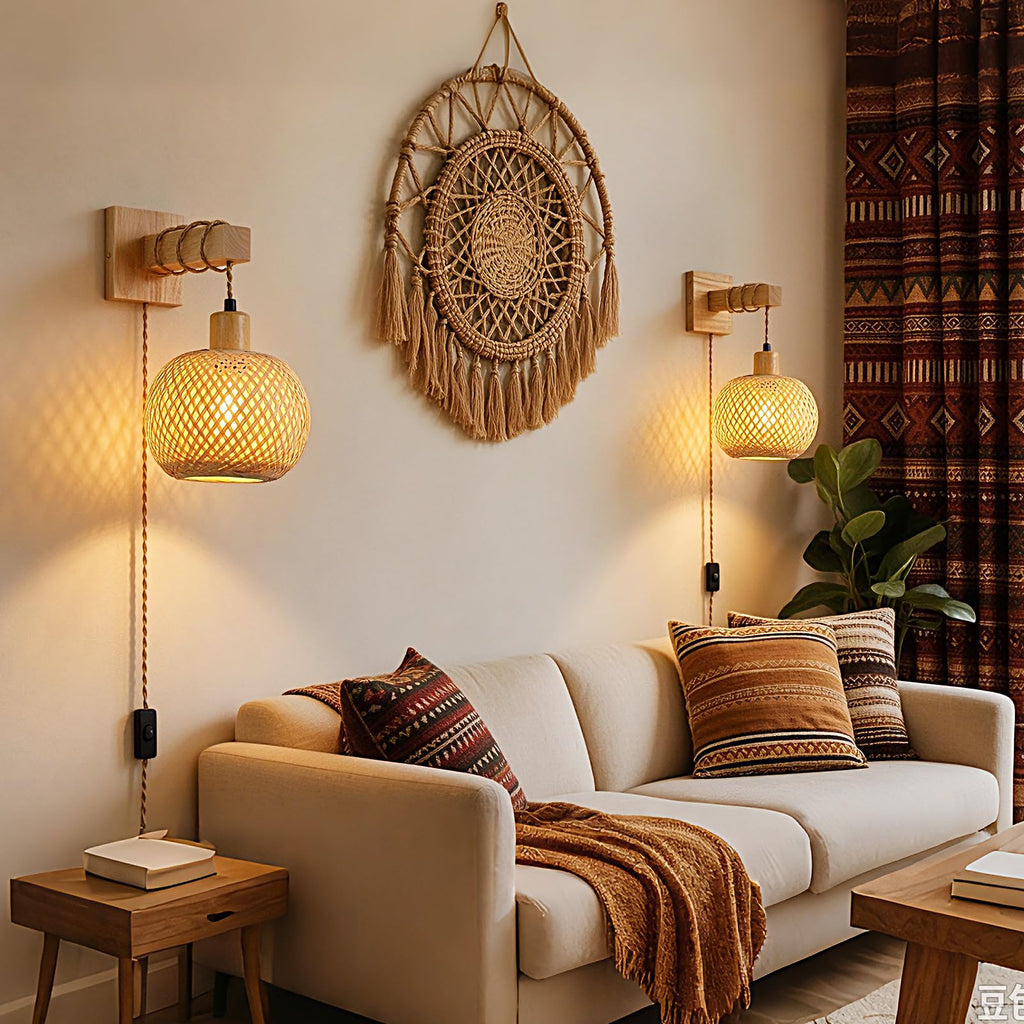 Woven Rattan Plug in Wall Sconce, 15 RGB Dimmable Boho Light, Wood