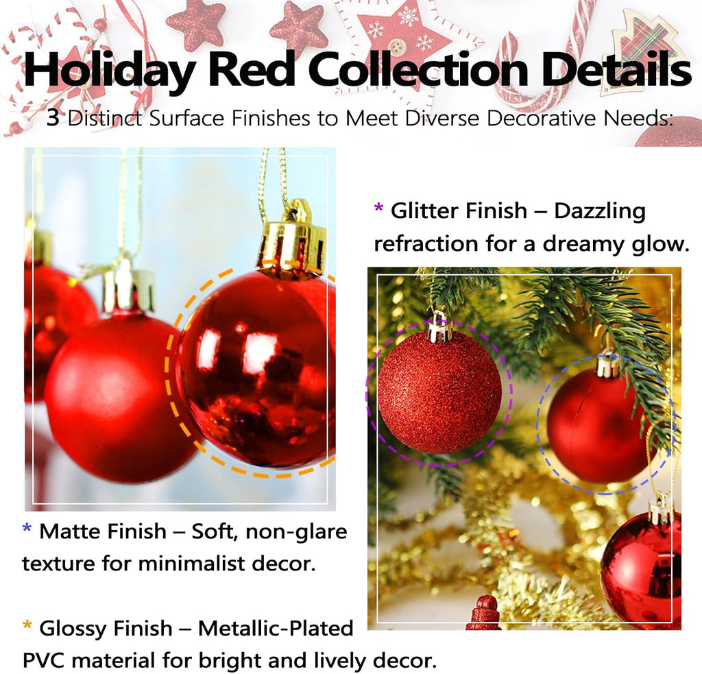 4cm/1.57" Shatterproof Christmas Balls Ornaments, Pre-Strung Hanging Xmas Tree Decorations, 3 Styles Holiday - Set of 24