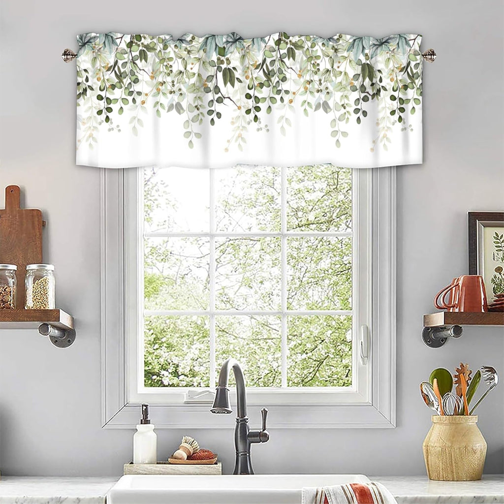 Sage Green Eucalyptus Leaves Curtain Valance for Windows Watercolor Window Treatments 1 Panel Short Curtains for