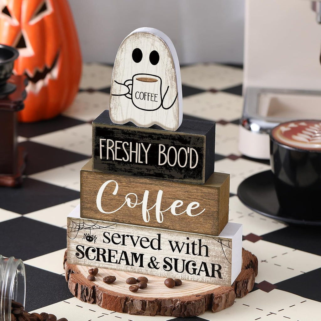 Halloween Coffee Table Decor Wooden Ghost Coffee Bar Sign - Set of 4