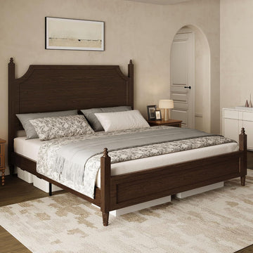 Classic Four-Poster King Bed Frame with Curved Headboard, Walnut Wood