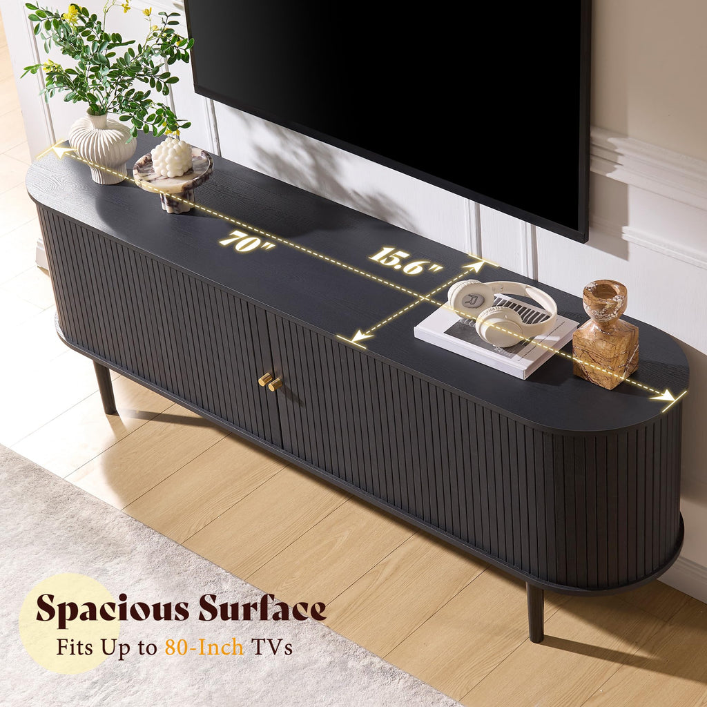 70" Mid-Century Modern Fluted TV Stand with Storage, Black