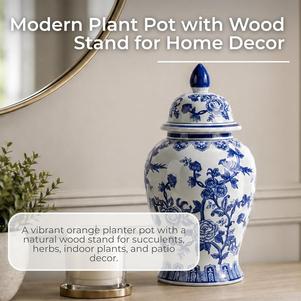 Decorative Ginger Jar Decor - Ceramic Jar With Lid, Chinoiserie Pattern, Large Tabletop Accent or Entry Shelf