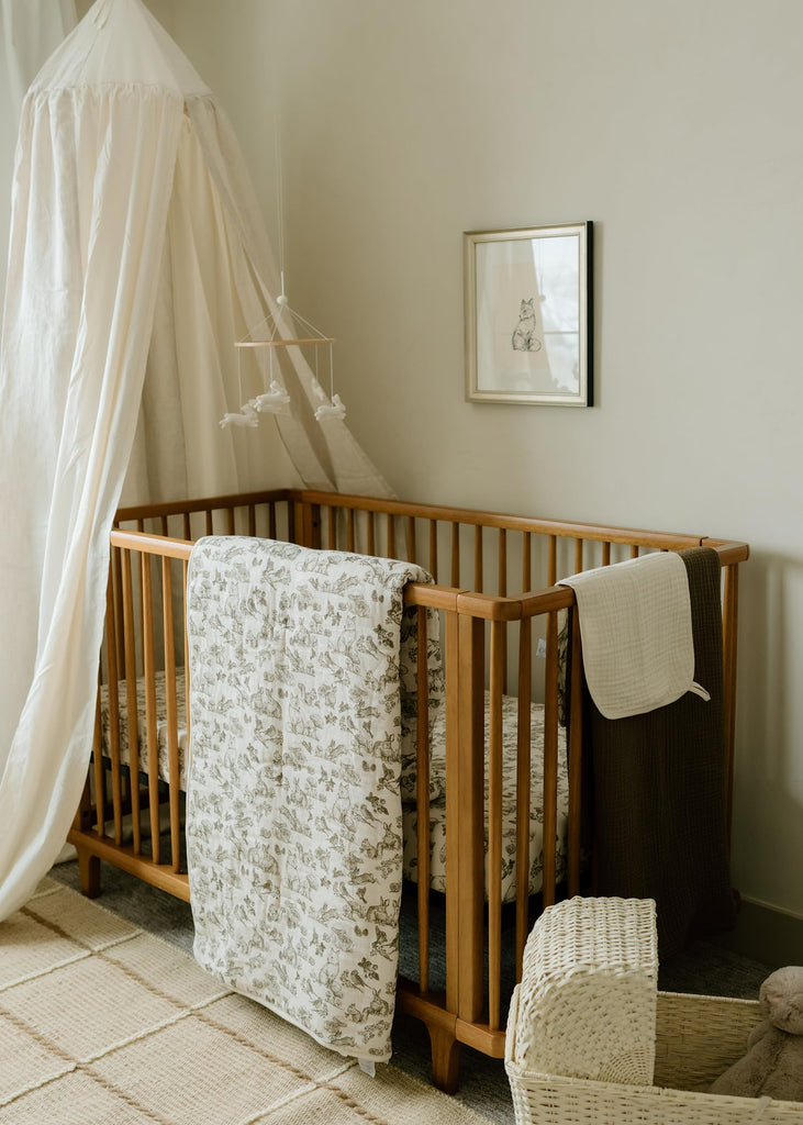 Woodland Crib Bedding Set, 5-Layer Organic Cotton Muslin Crib Quilt & Sham, Forest Animal Nursery, Rabbit Fox Bird