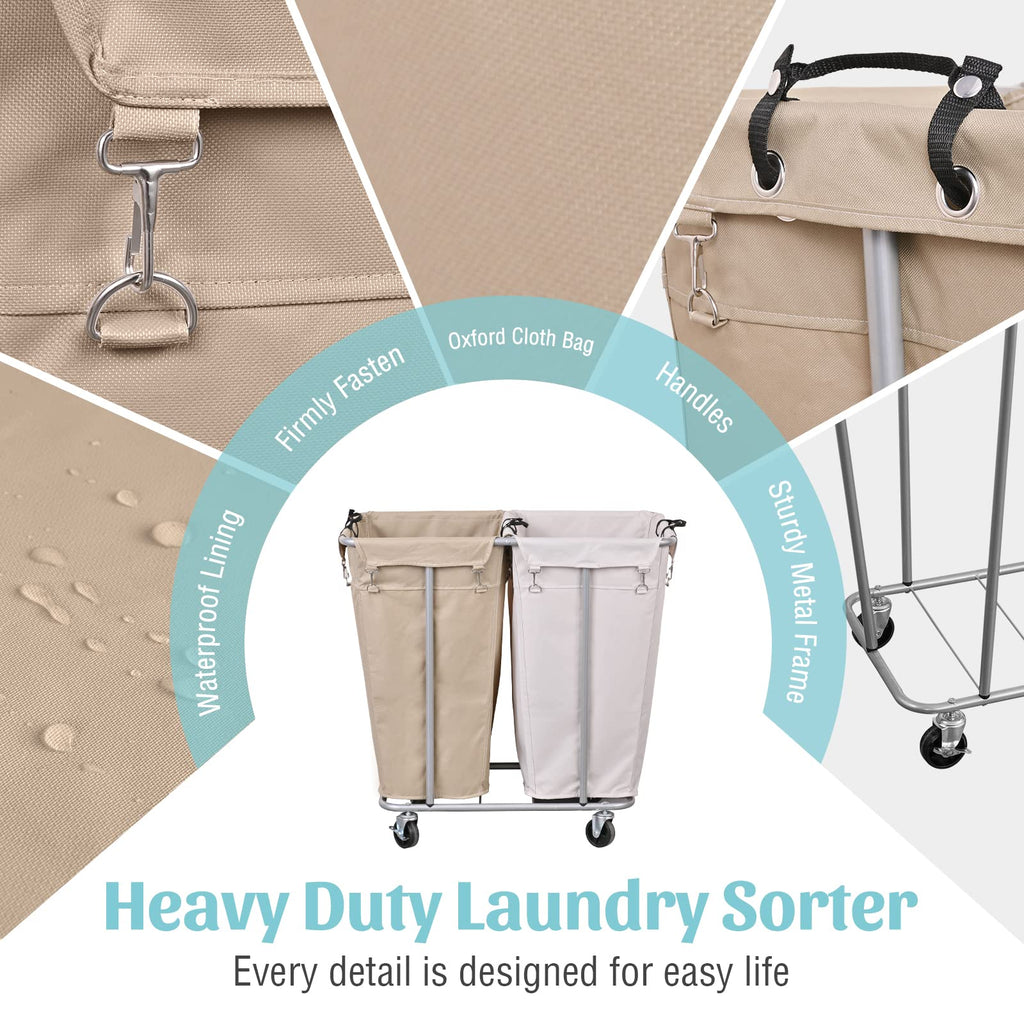 2-Section Rolling Laundry Sorter, Oat and White