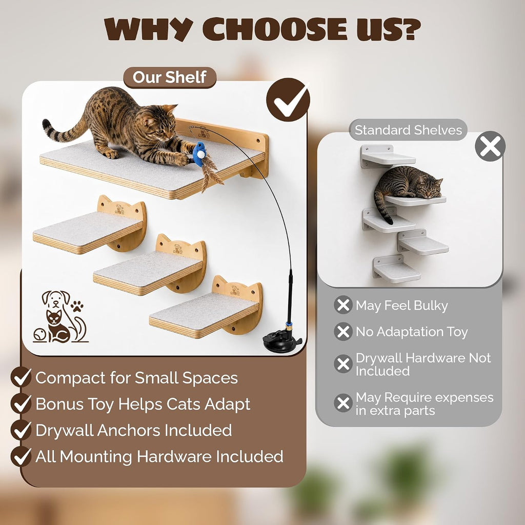 Cat Wall Shelves & Climbing System - Modern Furniture Set with 3 Steps & Perch for Indoor Cats, Includes Wand Toy