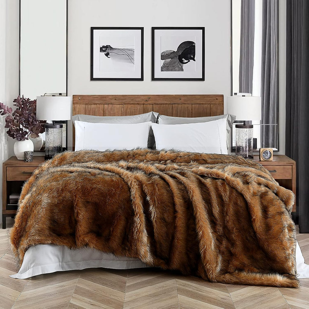 Plush Faux Fur Blanket Queen Size, Long Pile Brown with Black Tips, Oversized Super Warm, Fuzzy, Elegant, Fluffy