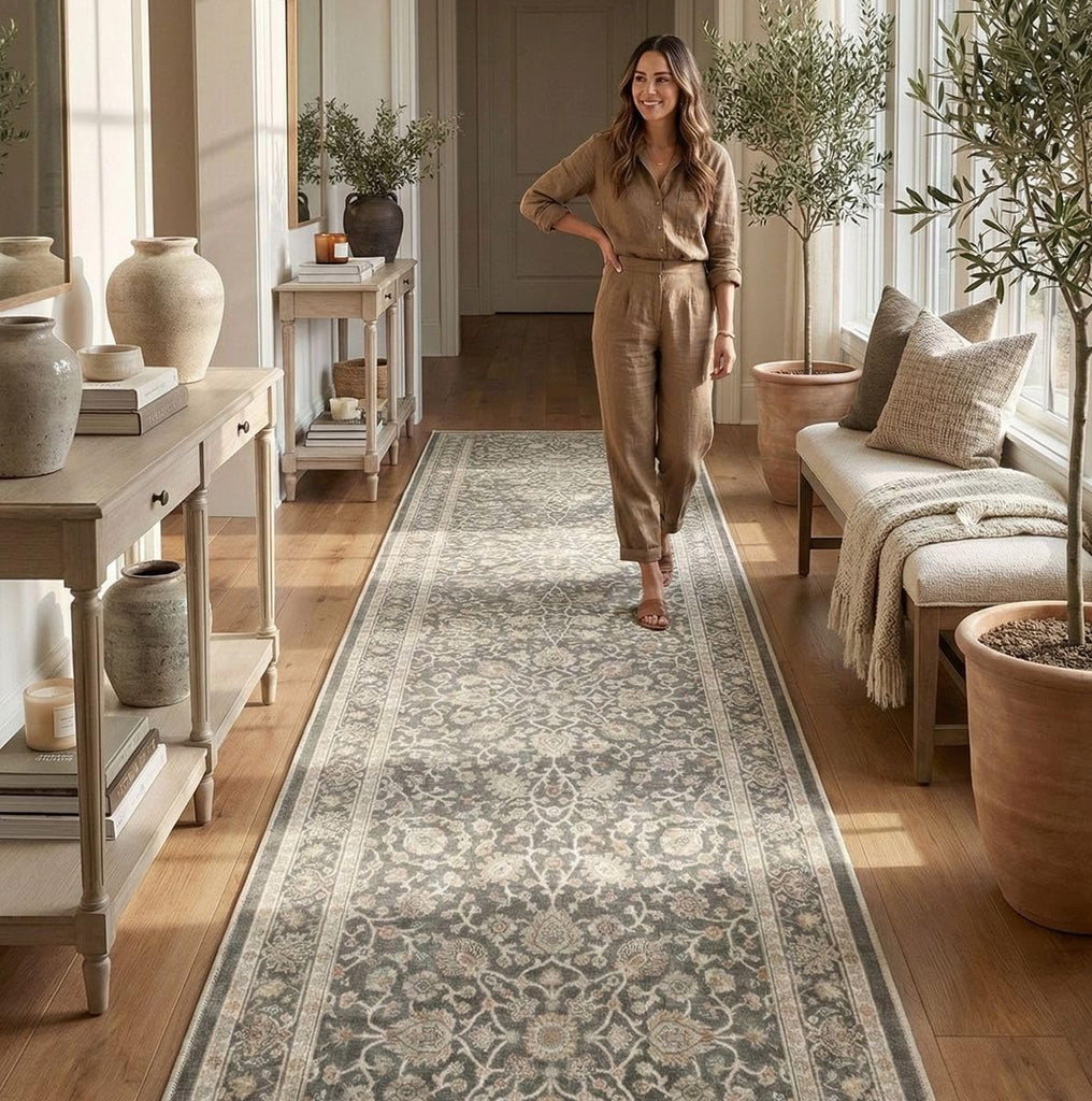 Custom Size Hallway & Stair Runner- Asha Rome Charcoal Brown 26 Inches Wide Super Thin Long Runner (26" x 3' Runner)