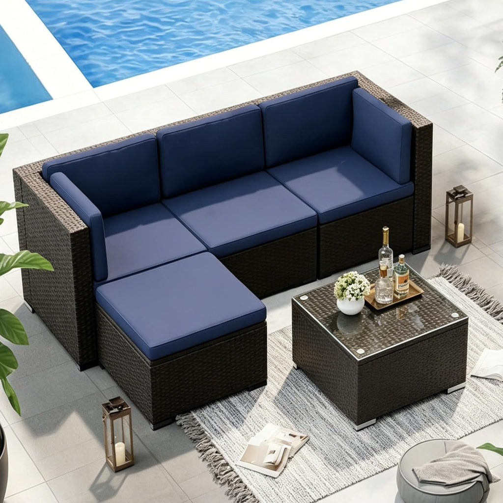 5-Piece Outdoor Patio Furniture Set, All-Weather PE Rattan Sectional Sofa with Ottoman, Glass Coffee Table &