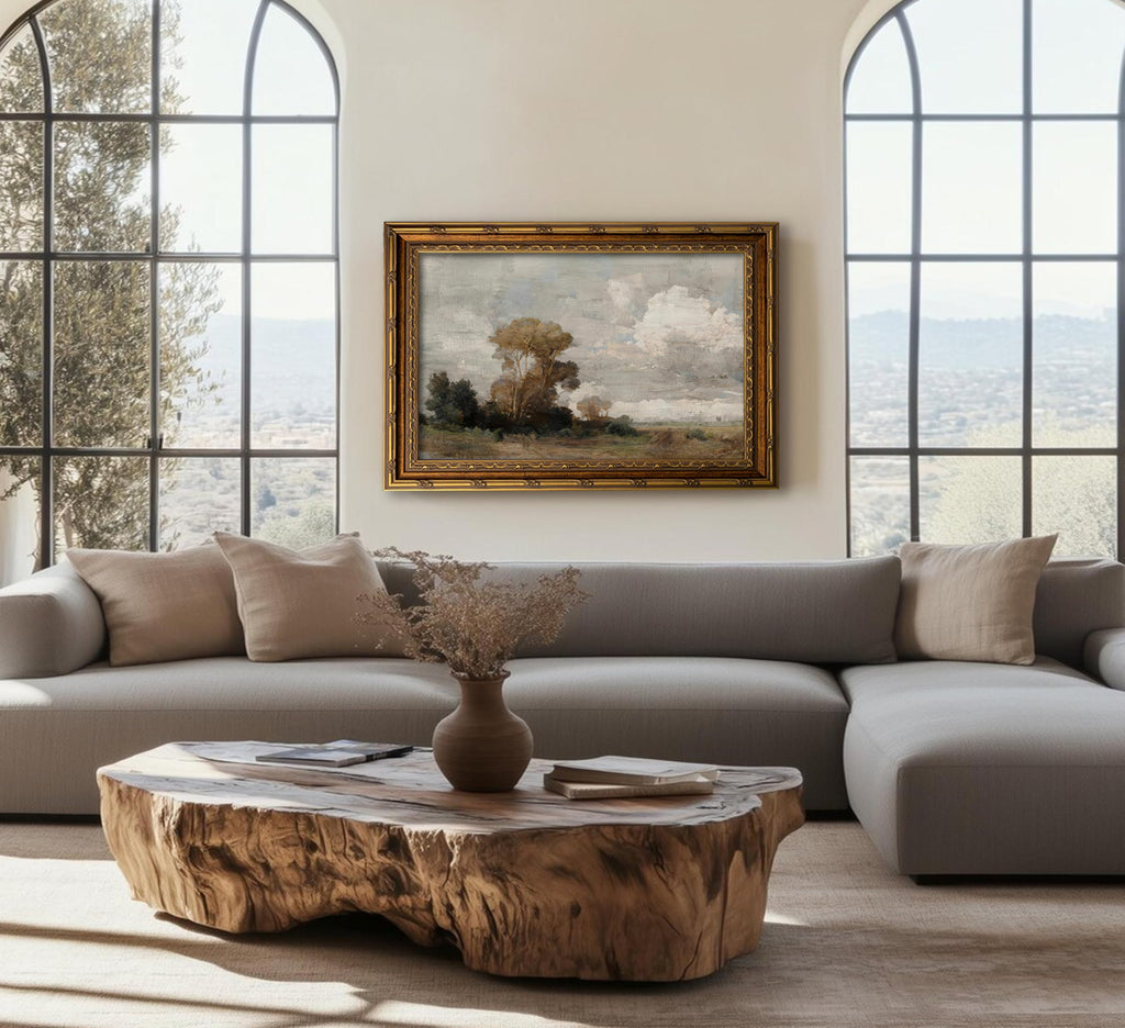 Vintage Gold Framed Landscape Wall Art Antique Cloudy Country Tree Painting