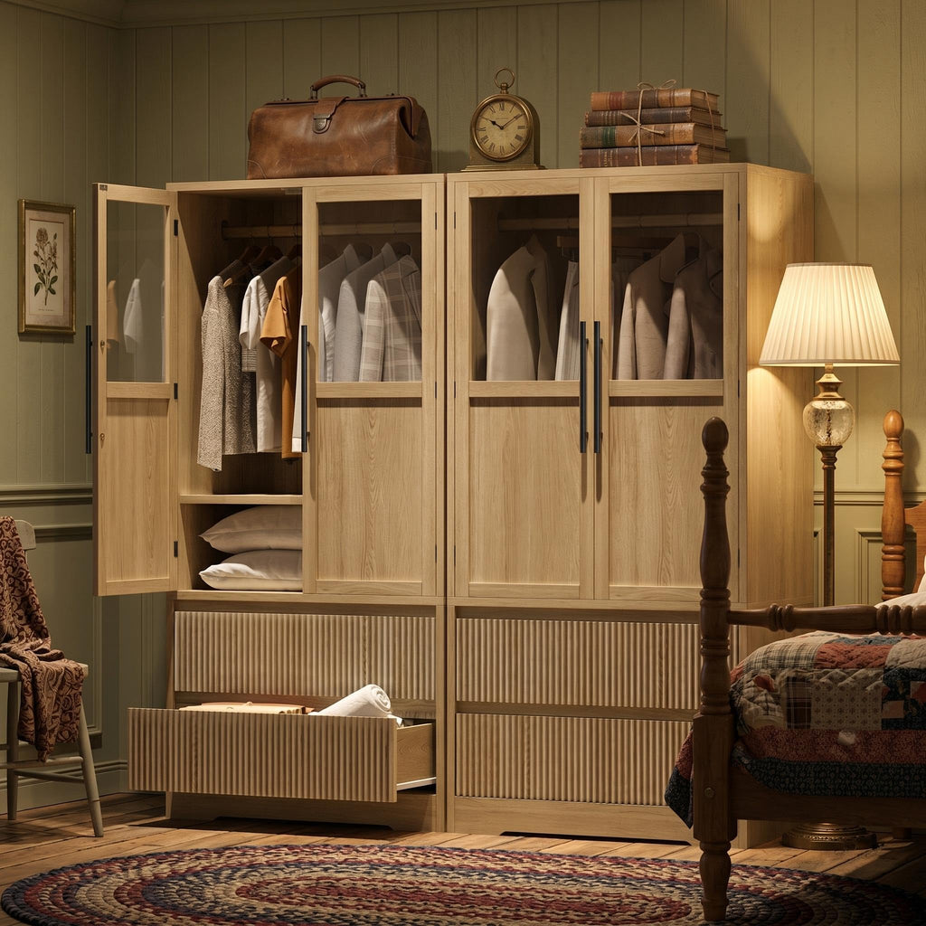 2 Fluted Drawer Armoire Wardrobe Closet with Glass Door, Farmhouse Freestanding Wooden Armoire Closet w/Hanging Rod