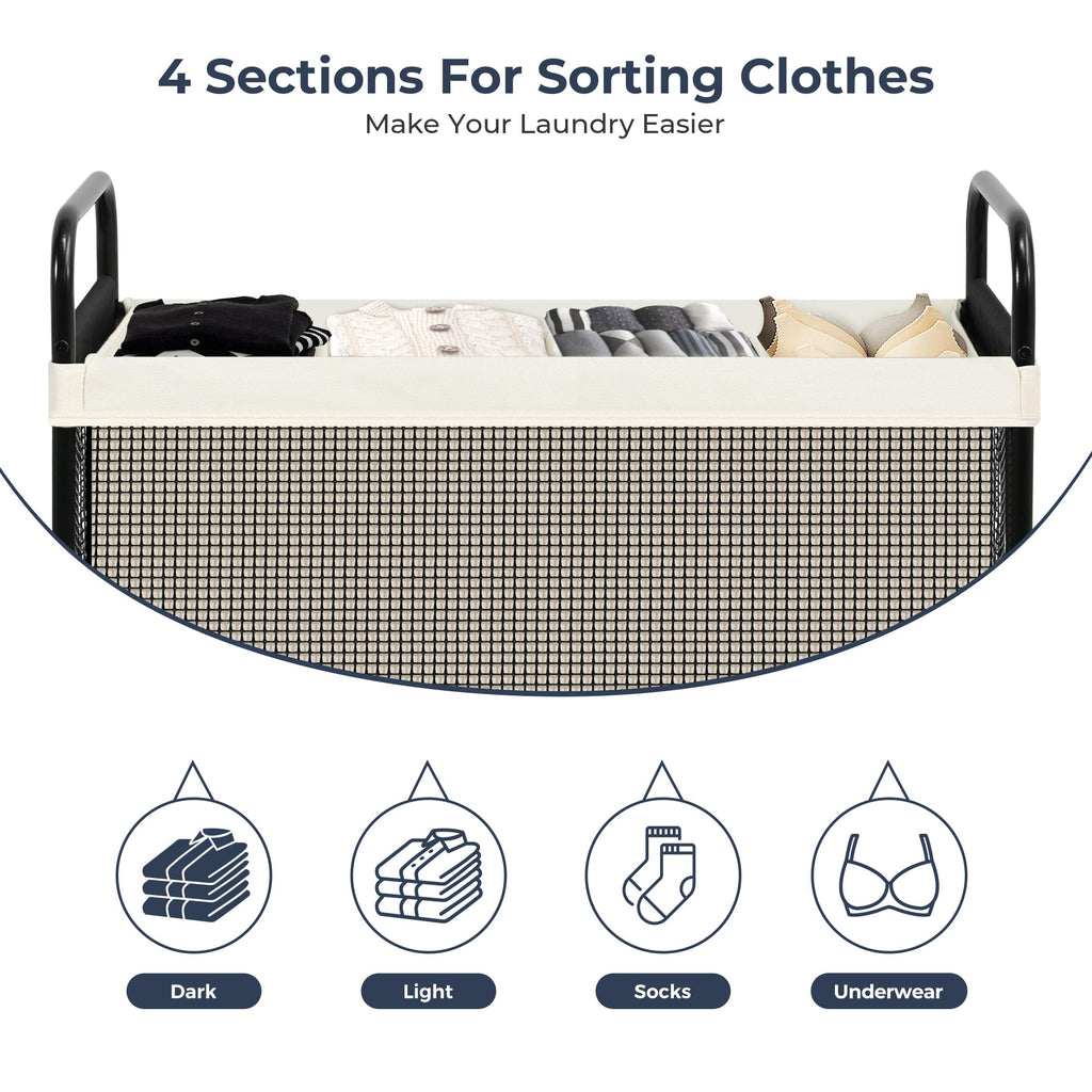 Laundry Hamper 4 Section, 140L Rolling Laundry Sorter Cart with Removable and Washable Liner Bag, Clothes Hamper with