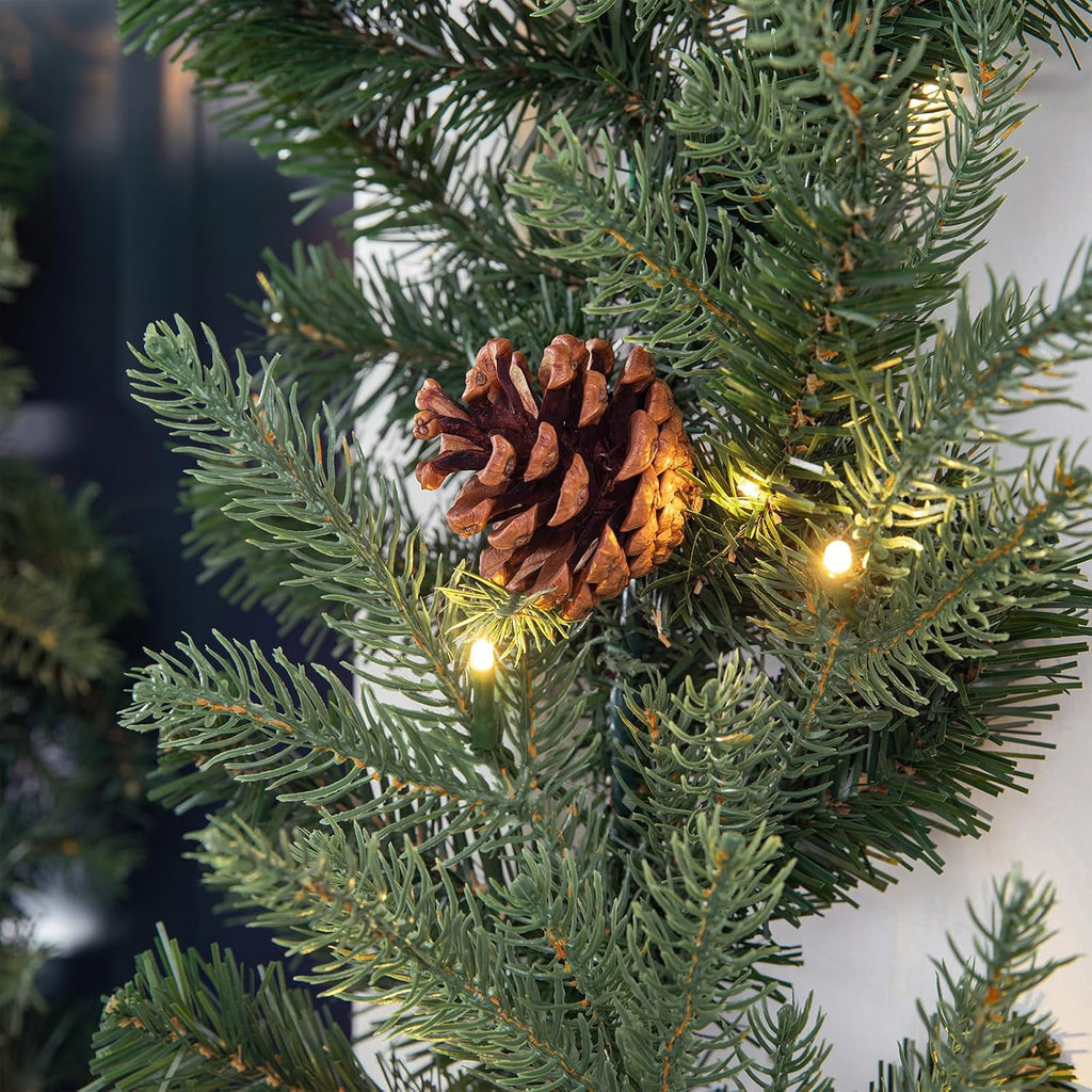 For Mantle, Prelit Greenery Garland Pine Cone Christmas Garland with Warm White LED Lights and Timer for Fireplace