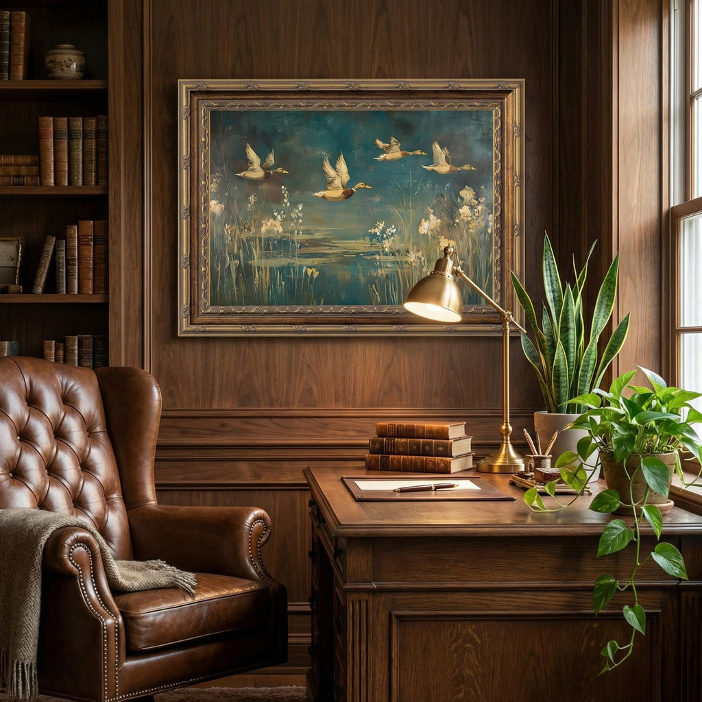 Mallard Duck Wall Art, Teal Brown Vintage Rustic Cabin Lake Print
