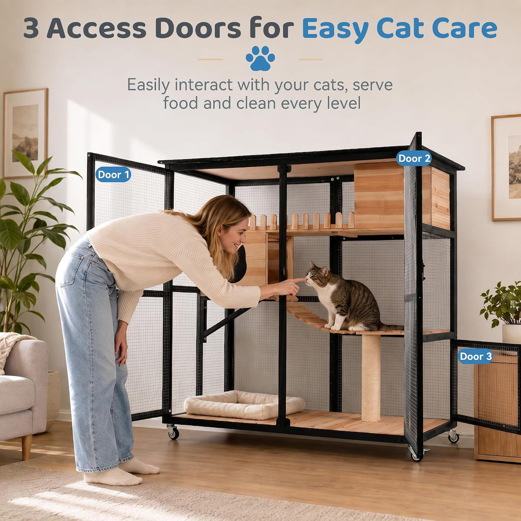 Catio Outdoor Cat Enclosure, 4-Level Wooden Cat Enclosure with Wheels