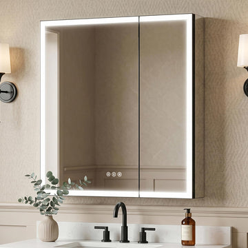 30x32 Two Doors Black Led Medicine Cabinet Mirror