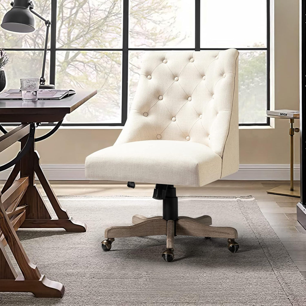 Modern Tufted Armless Home, Comfy Upholstered Desk Chair with Vintage Wood Base, Height Adjustable Swivel Computer